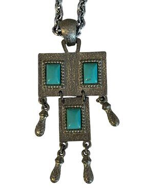 Vintage Sarah Coventry Turquoise Pendant Necklace Silver Tone Geometric Dangle 2